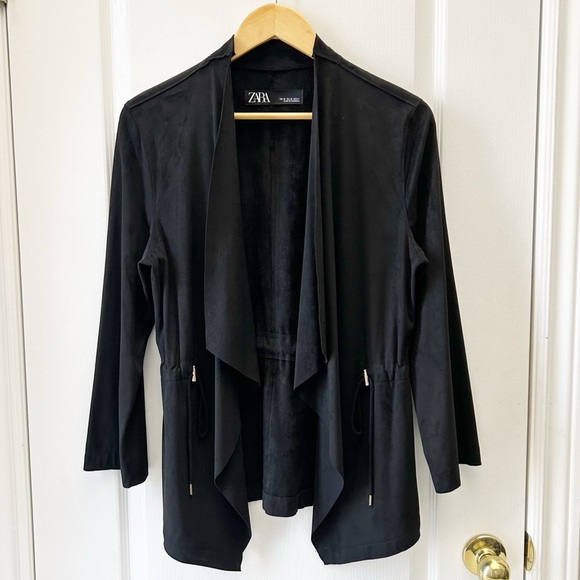 Zara Black Faux Suede Draped Waterfall Blazer Moto Jacket Open Front Size XS - Picture 2 of 14